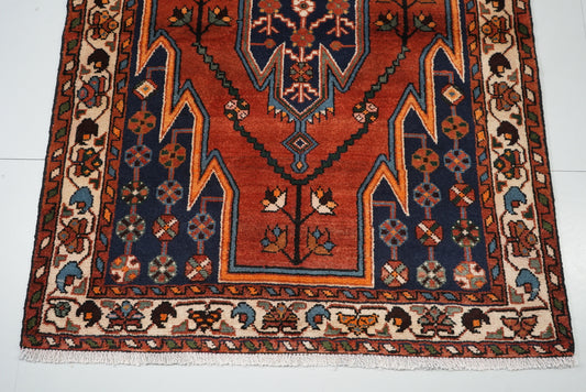 Vintage Persian Mazlagan Red & Navy Wool Geometric Rug | Handmade | 152 x 110 cm