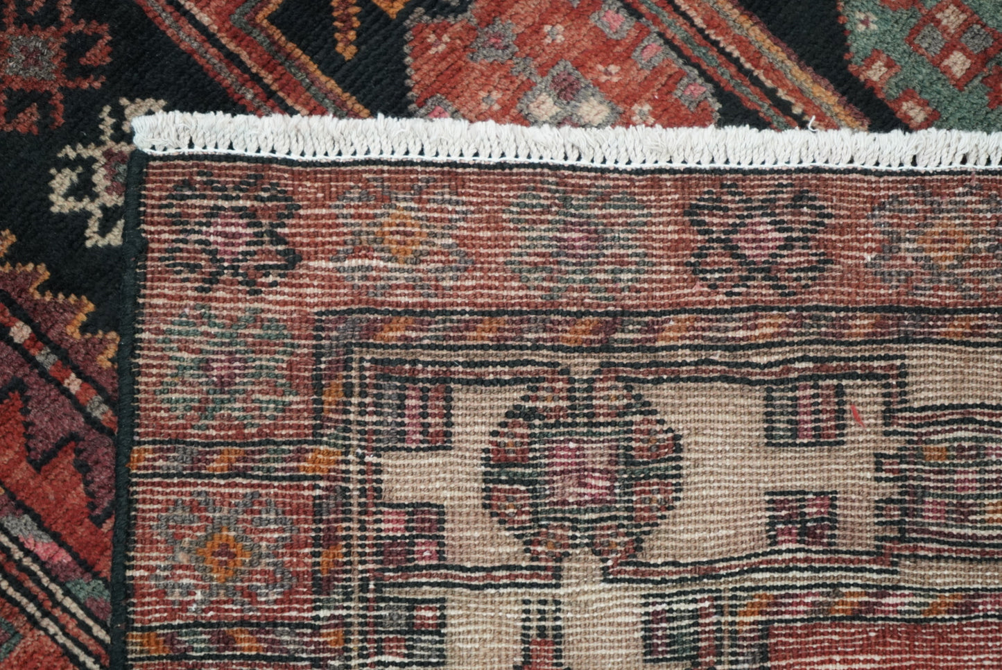 Handmade Persian Hamadan Geometric Wool Rug | 298 x 149 cm | Black & Red | Vintage
