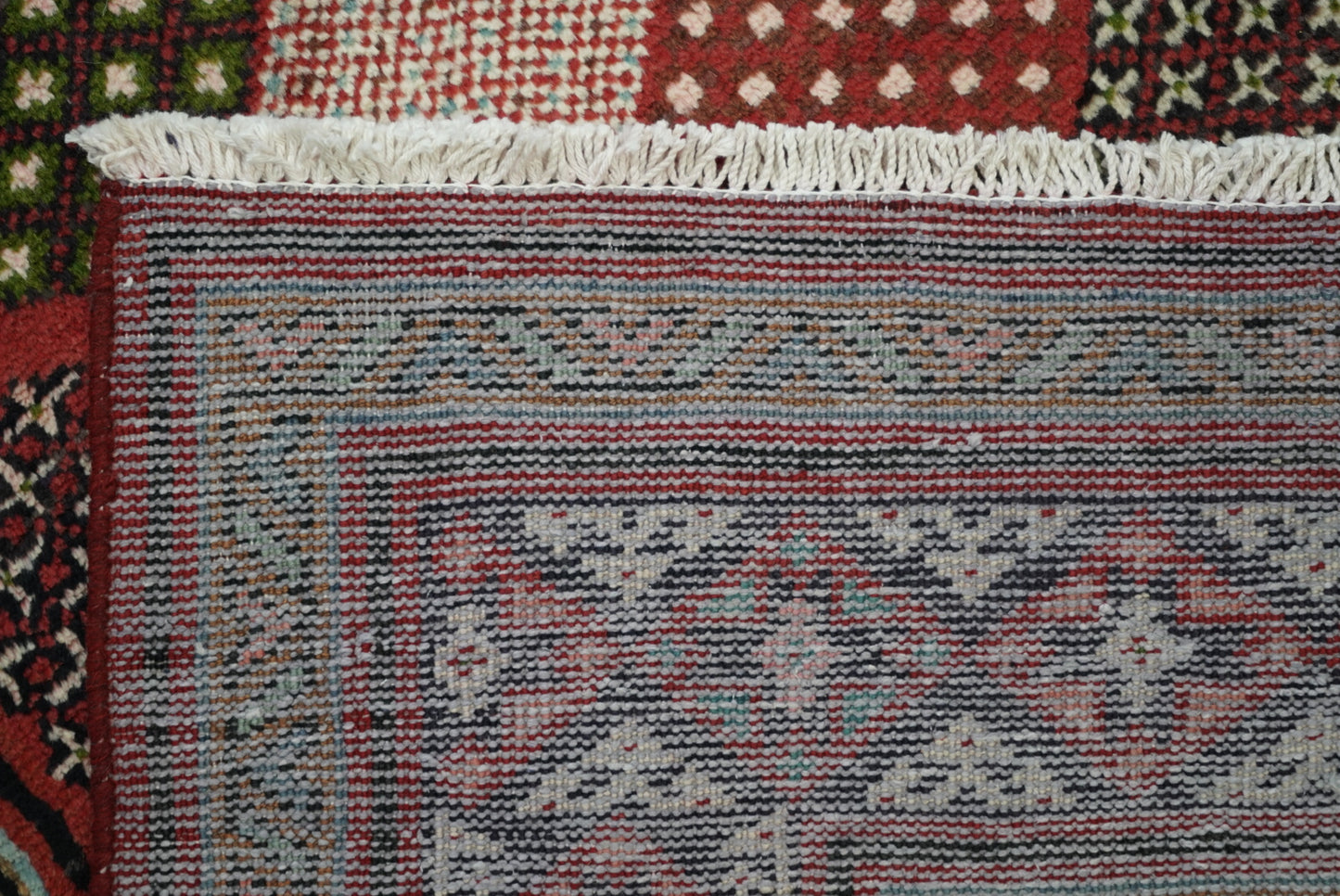 Handmade Persian Mahabad Geometric Wool Rug | 291 x 202 cm | Red & Multi | Vintage