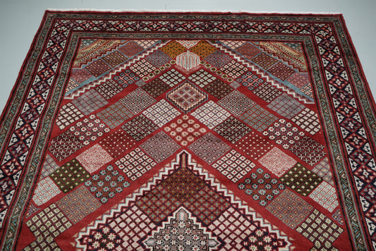 Handmade Persian Mahabad Geometric Wool Rug | 291 x 202 cm | Red & Multi | Vintage