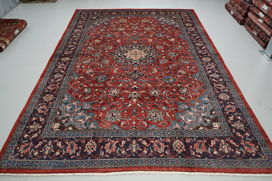 Vintage Persian Mahal Red Wool Floral Medallion Rug | Handmade | 318 x 214 cm