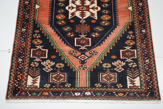 Persian Mazlagan Red & Navy Wool Geometric Rug | Handmade | 154 x 108 cm