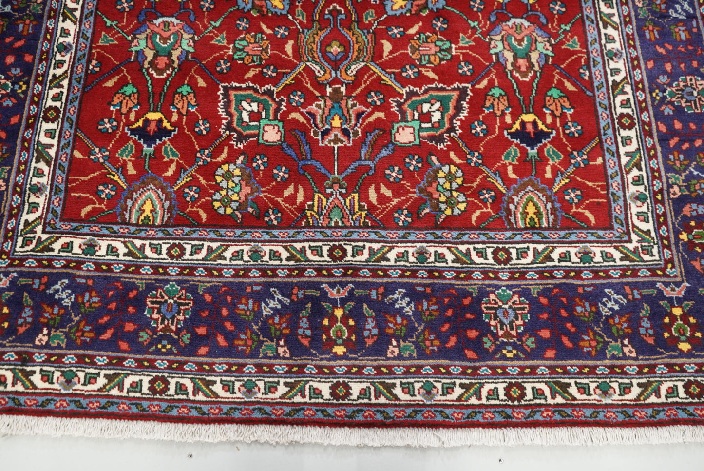 Handmade Persian Tabriz Floral Wool Rug | 297 x 209 cm | Red & Navy | Vintage