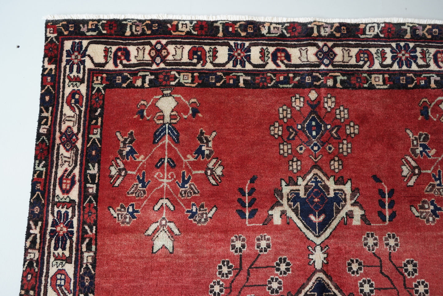 Vintage Persian Sirjan Red Wool Geometric Rug | Handmade | 222 x 162 cm