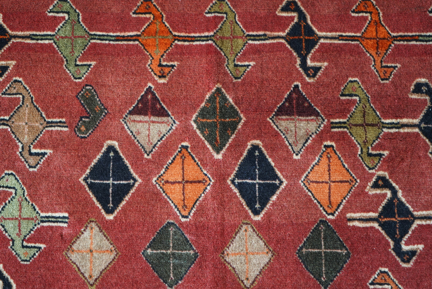 Vintage Persian Sirjan Red Wool Geometric Rug | Handmade | 222 x 140 cm
