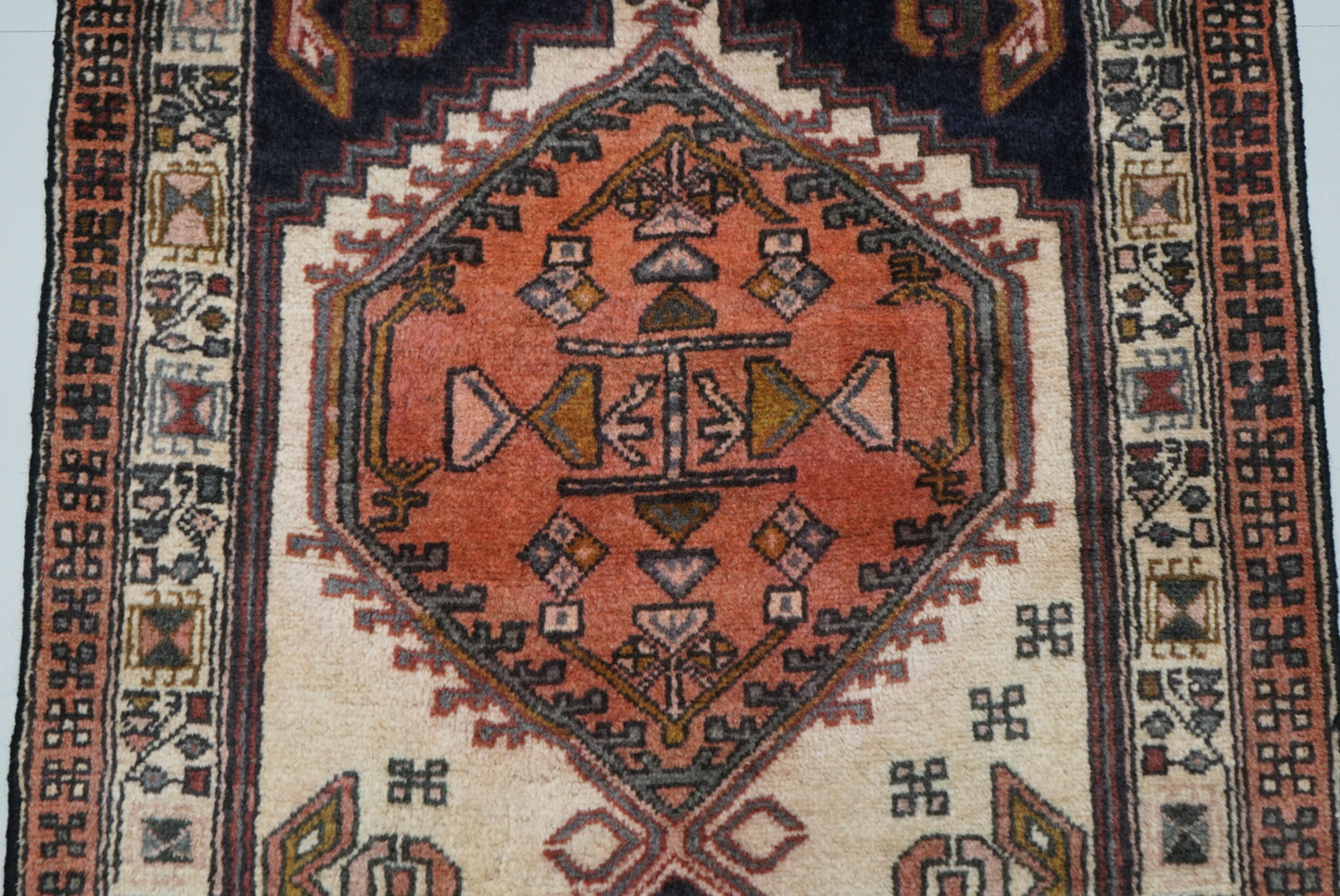 Vintage Persian Ardabil Cream & Multi Wool Geometric Runner Rug | Handmade | 296 x 71 cm