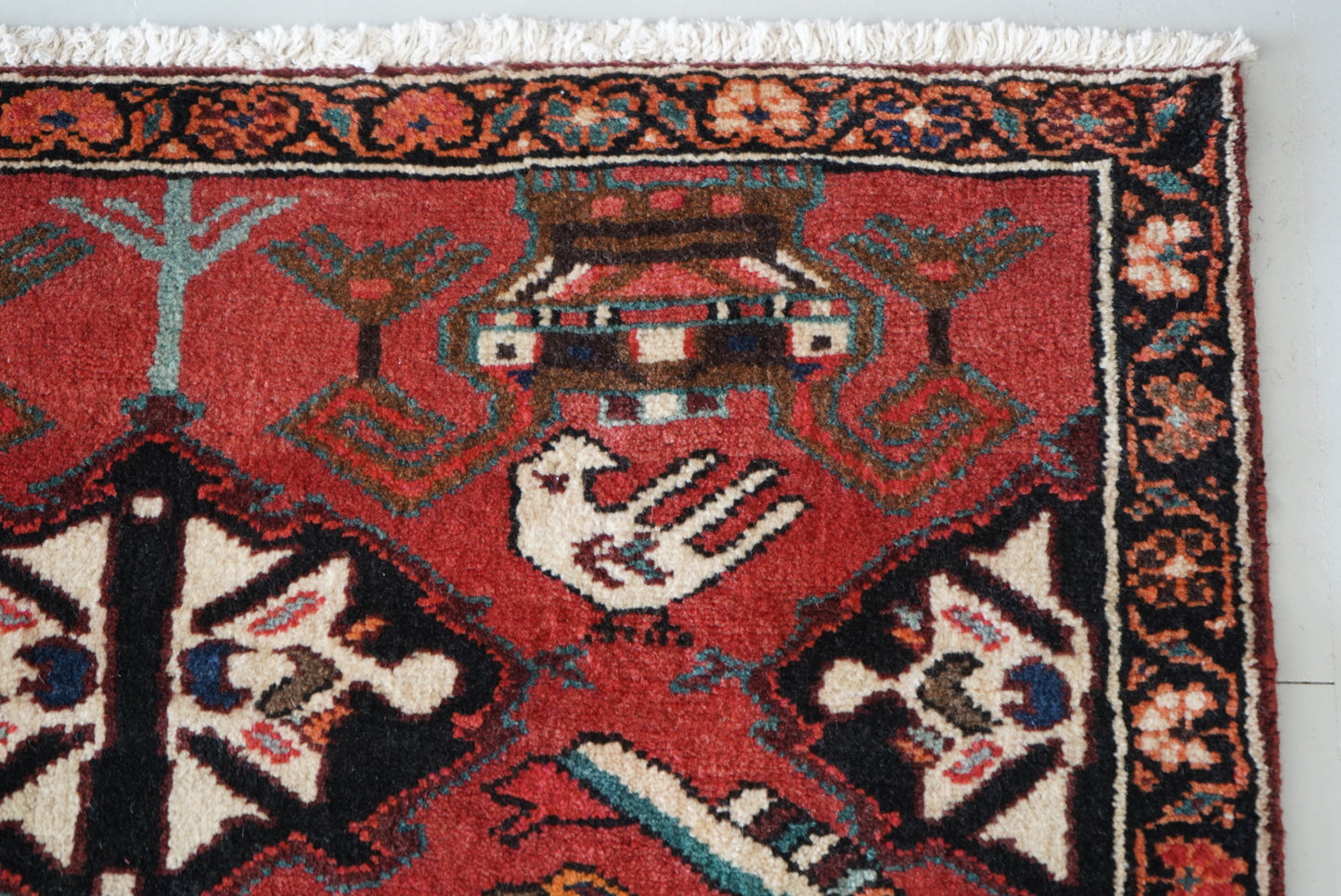 Vintage Persian Bakhtiari Red Wool Geometric Runner Rug | Handmade | 298 x 111 cm