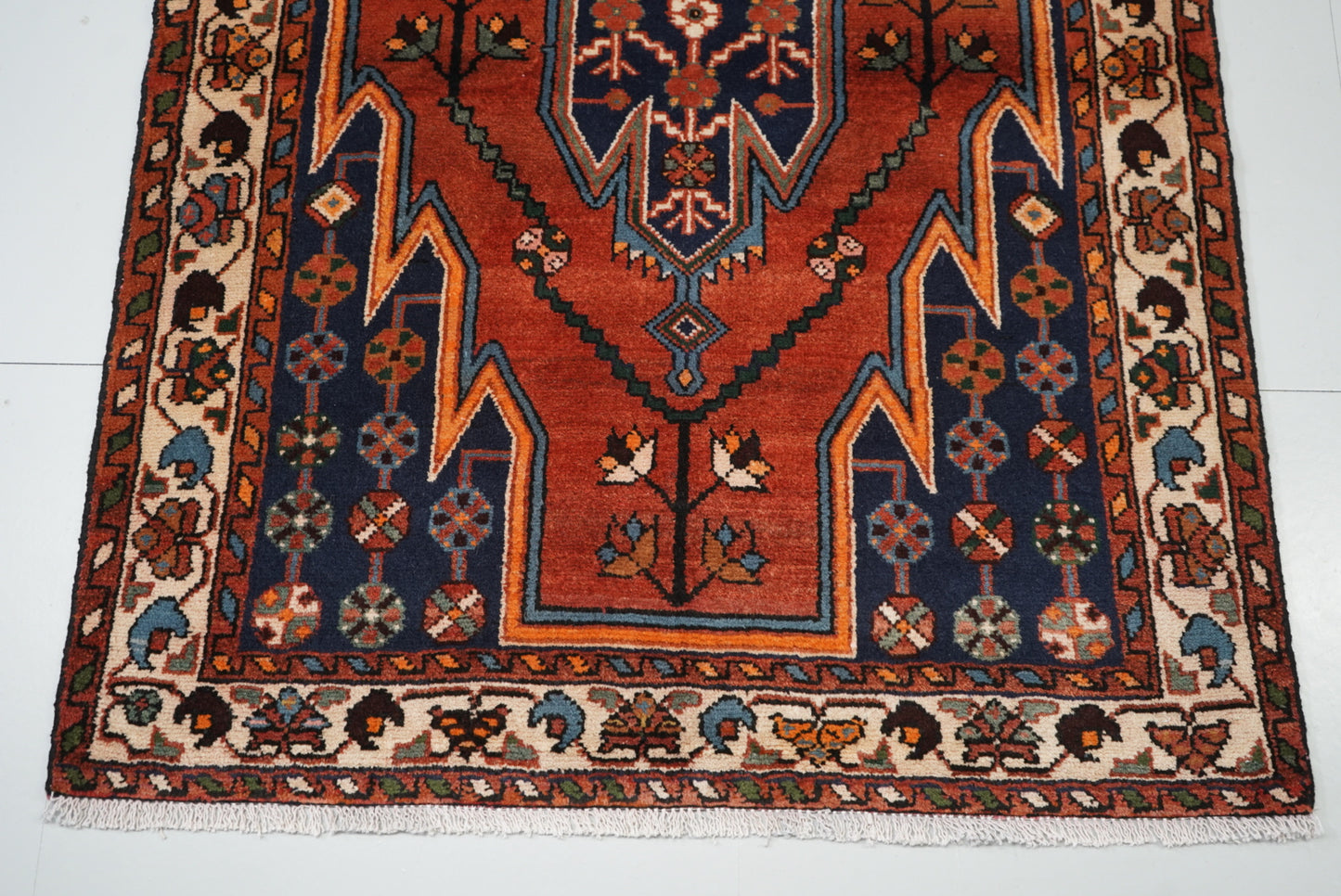 Vintage Persian Mazlagan Red & Navy Wool Geometric Rug | Handmade | 152 x 110 cm