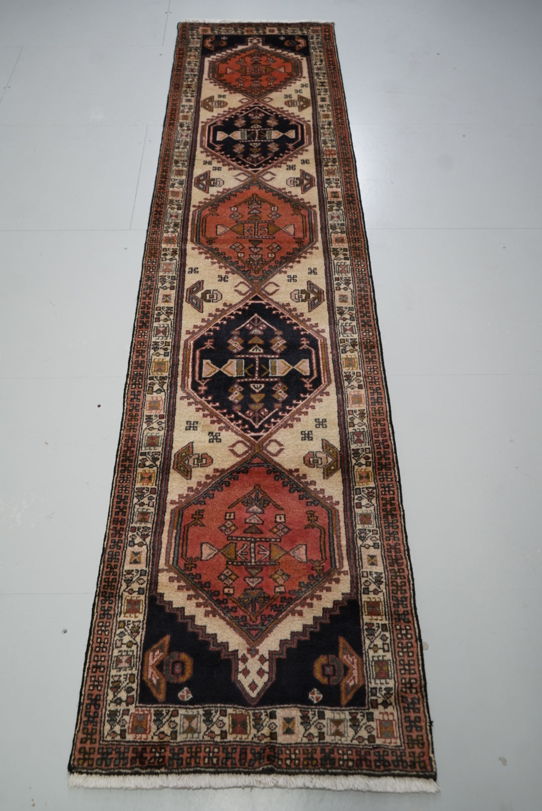 Vintage Persian Ardabil Cream & Multi Wool Geometric Runner Rug | Handmade | 296 x 71 cm