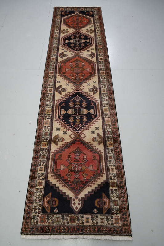 Vintage Persian Ardabil Cream & Multi Wool Geometric Runner Rug | Handmade | 296 x 71 cm