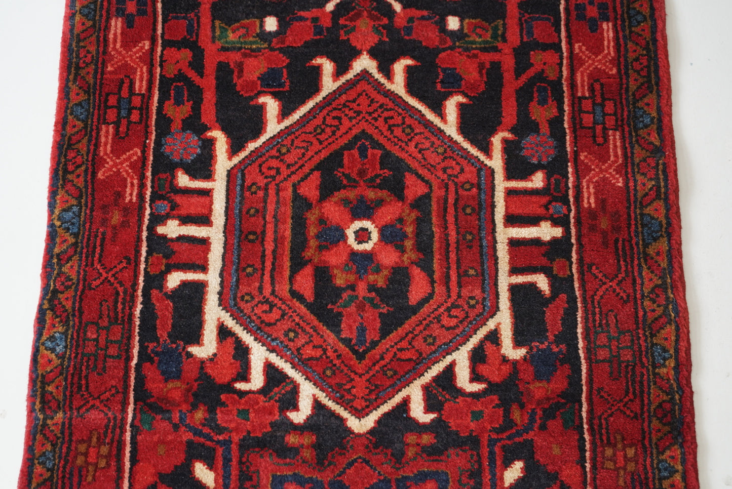 Vintage Persian Karaja Navy & Red Wool Geometric Runner Rug | Handmade | 218 x 80 cm