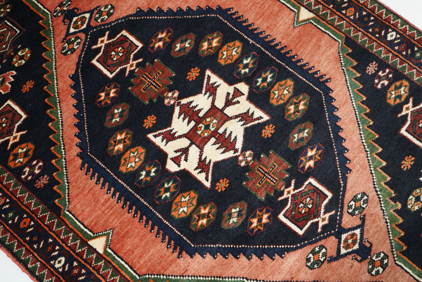 Persian Mazlagan Red & Navy Wool Geometric Rug | Handmade | 154 x 108 cm