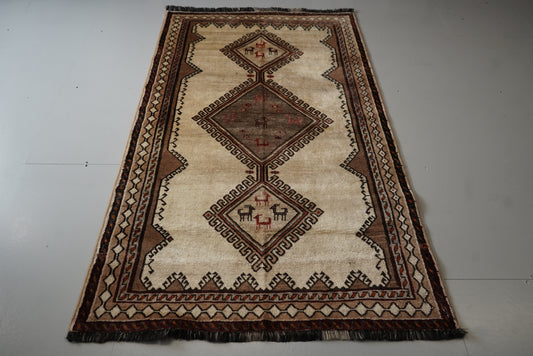 Vintage Persian Lori Cream Wool Geometric Rug | Handmade | 226 x 136 cm