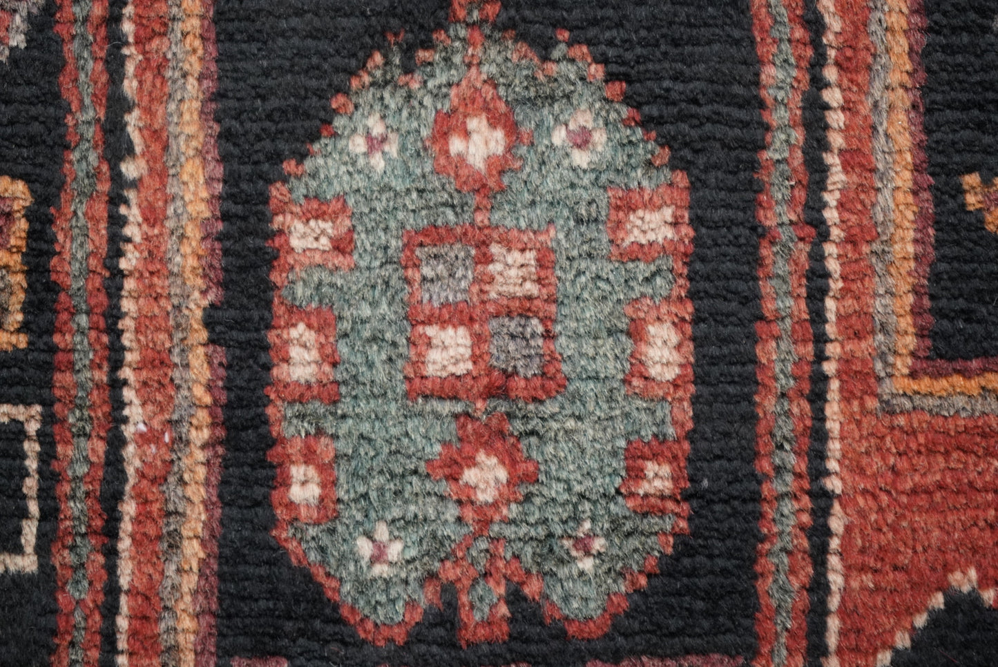 Handmade Persian Hamadan Geometric Wool Rug | 298 x 149 cm | Black & Red | Vintage