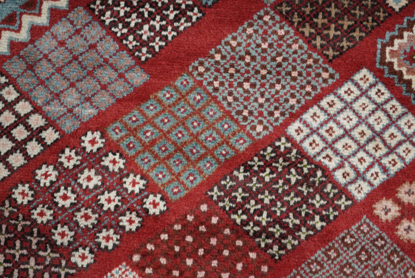 Handmade Persian Mahabad Geometric Wool Rug | 291 x 202 cm | Red & Multi | Vintage