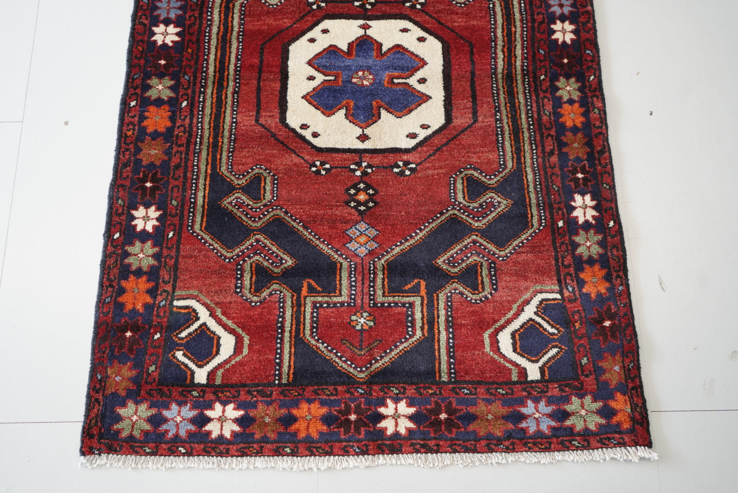 Persian Hamadan Red Wool Geometric Rug | Handmade | 145 x 100 cm