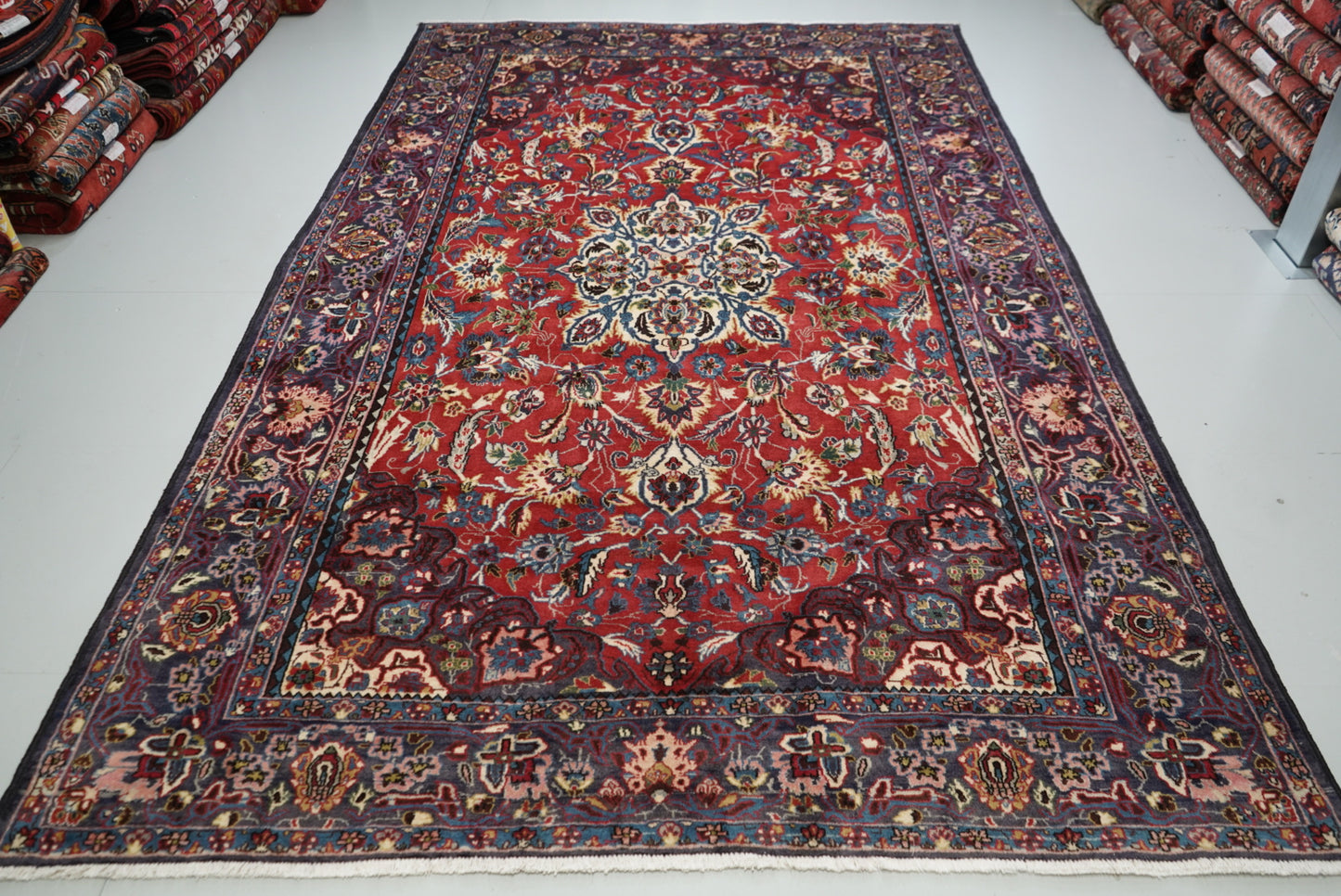 Vintage Handmade Wool Oriental Rug Red Medallion Floral Carpet 345 x 208 cm