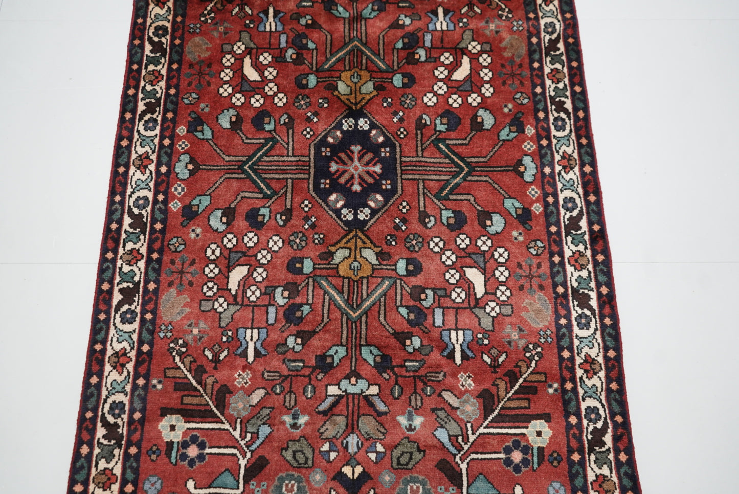 Handmade Persian Hamadan Floral Wool Runner | 290 x 107 cm | Red | Vintage