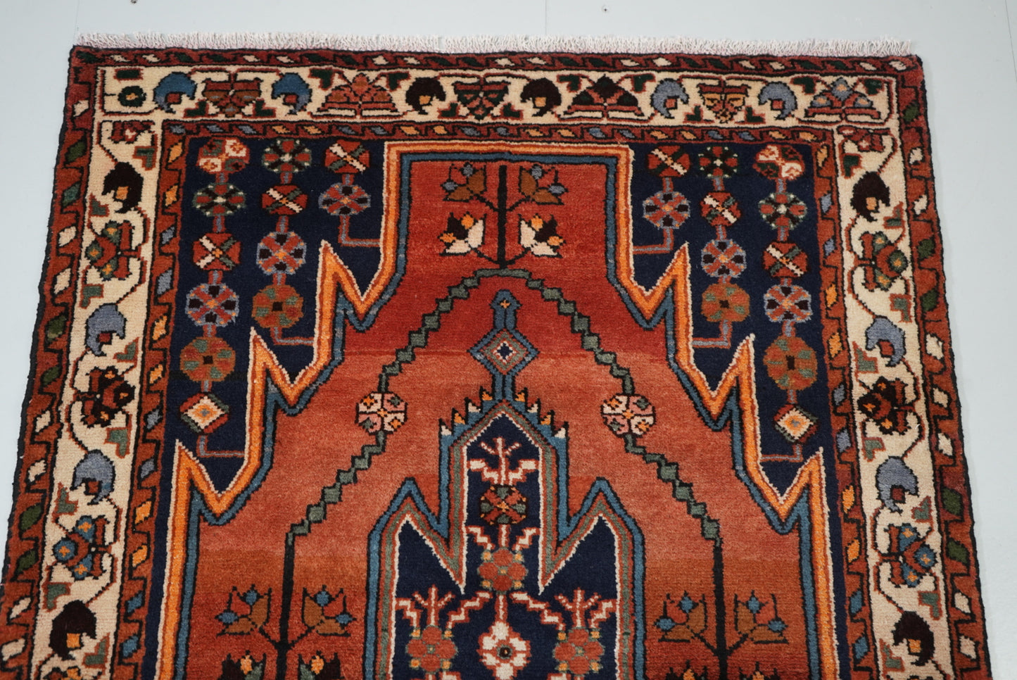 Vintage Persian Mazlagan Red & Navy Wool Geometric Rug | Handmade | 152 x 110 cm