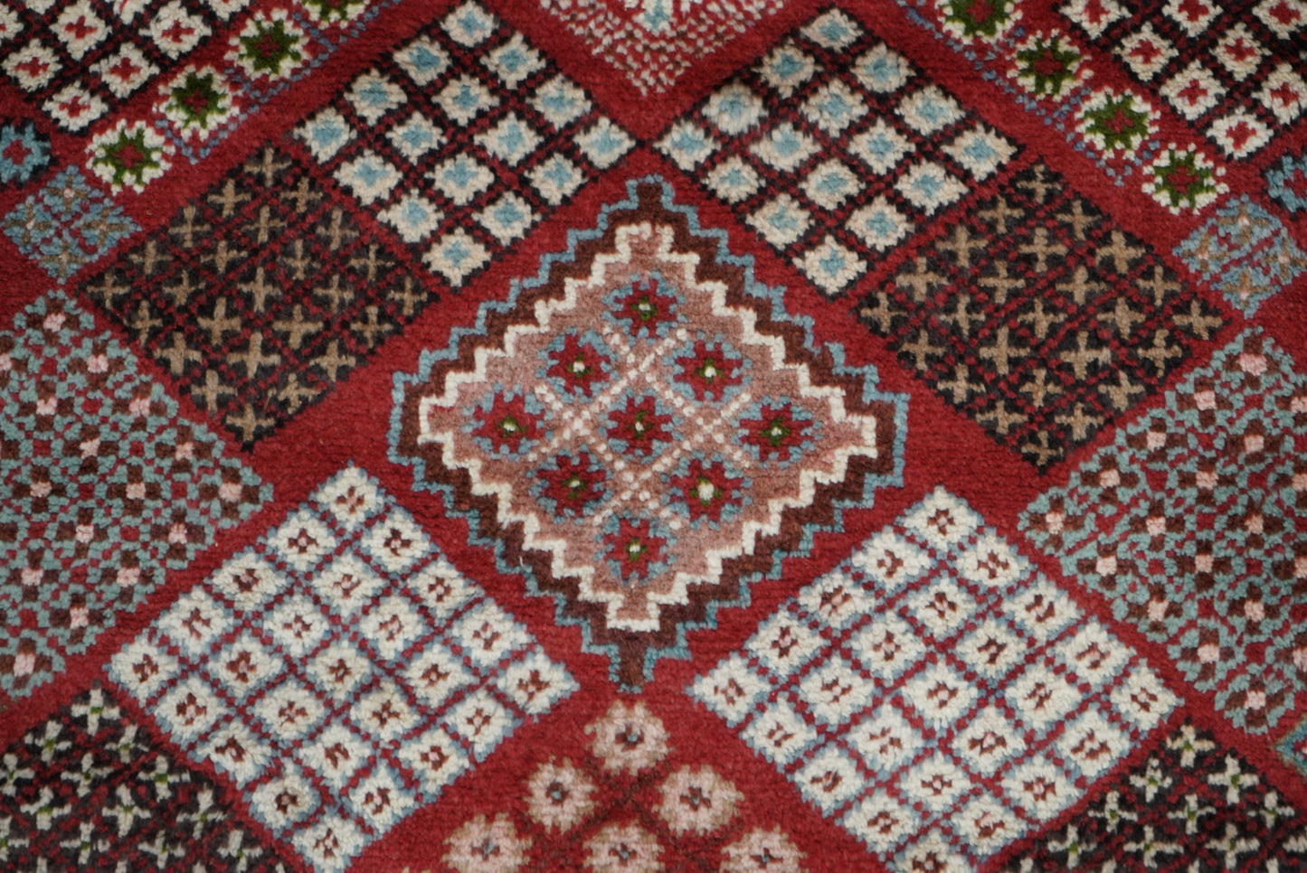 Handmade Persian Mahabad Geometric Wool Rug | 291 x 202 cm | Red & Multi | Vintage