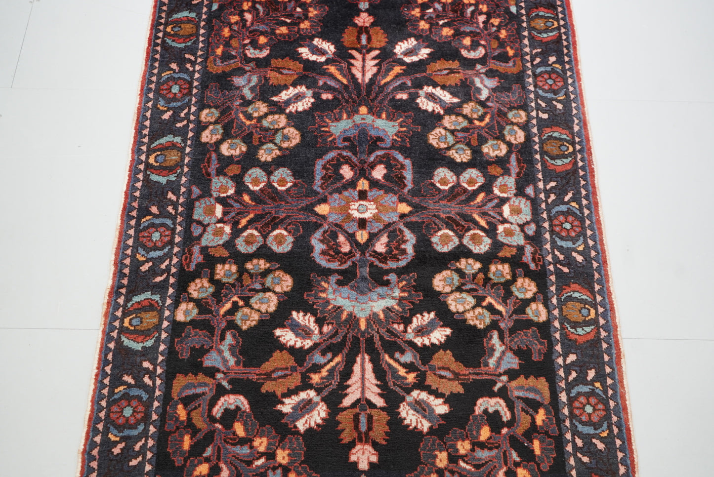 Handmade Persian Hamadan Floral Wool Runner | 304 x 116 cm | Dark Navy & Rust | Vintage