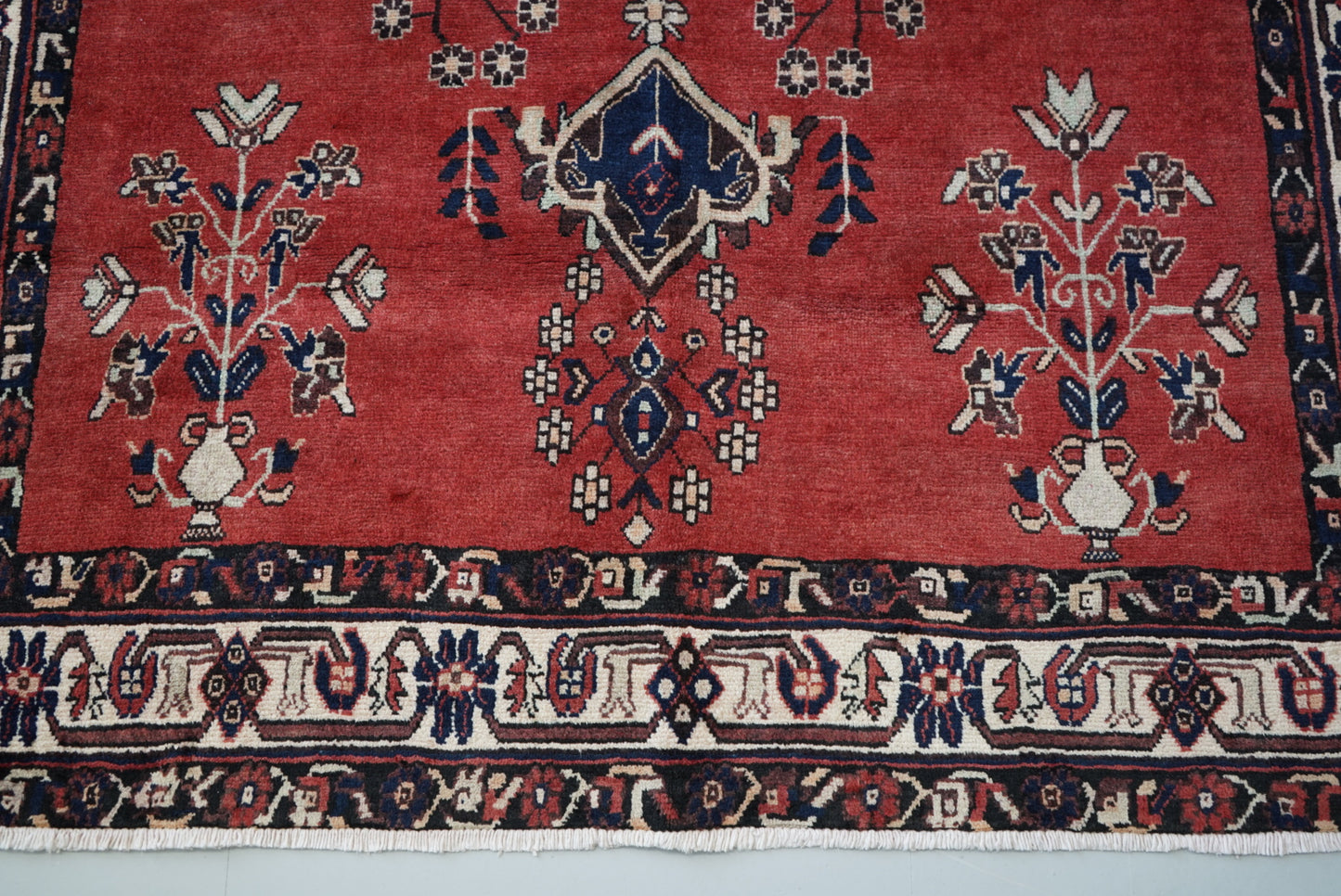 Vintage Persian Sirjan Red Wool Geometric Rug | Handmade | 222 x 162 cm