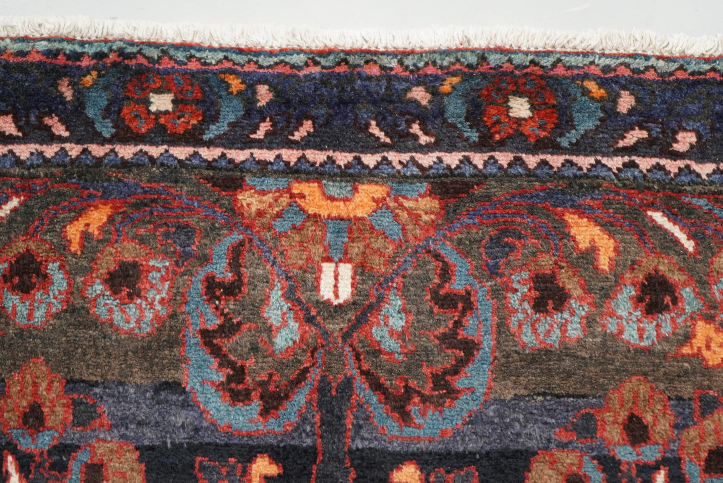 Handmade Persian Hamadan Floral Wool Runner | 304 x 116 cm | Dark Navy & Rust | Vintage