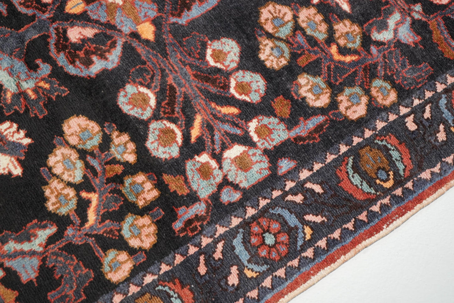 Handmade Persian Hamadan Floral Wool Runner | 304 x 116 cm | Dark Navy & Rust | Vintage