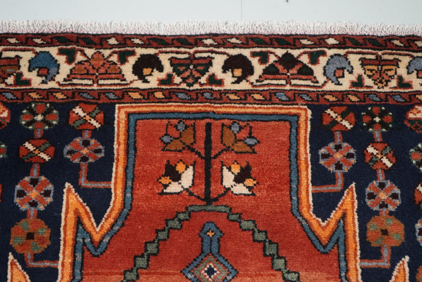 Vintage Persian Mazlagan Red & Navy Wool Geometric Rug | Handmade | 152 x 110 cm