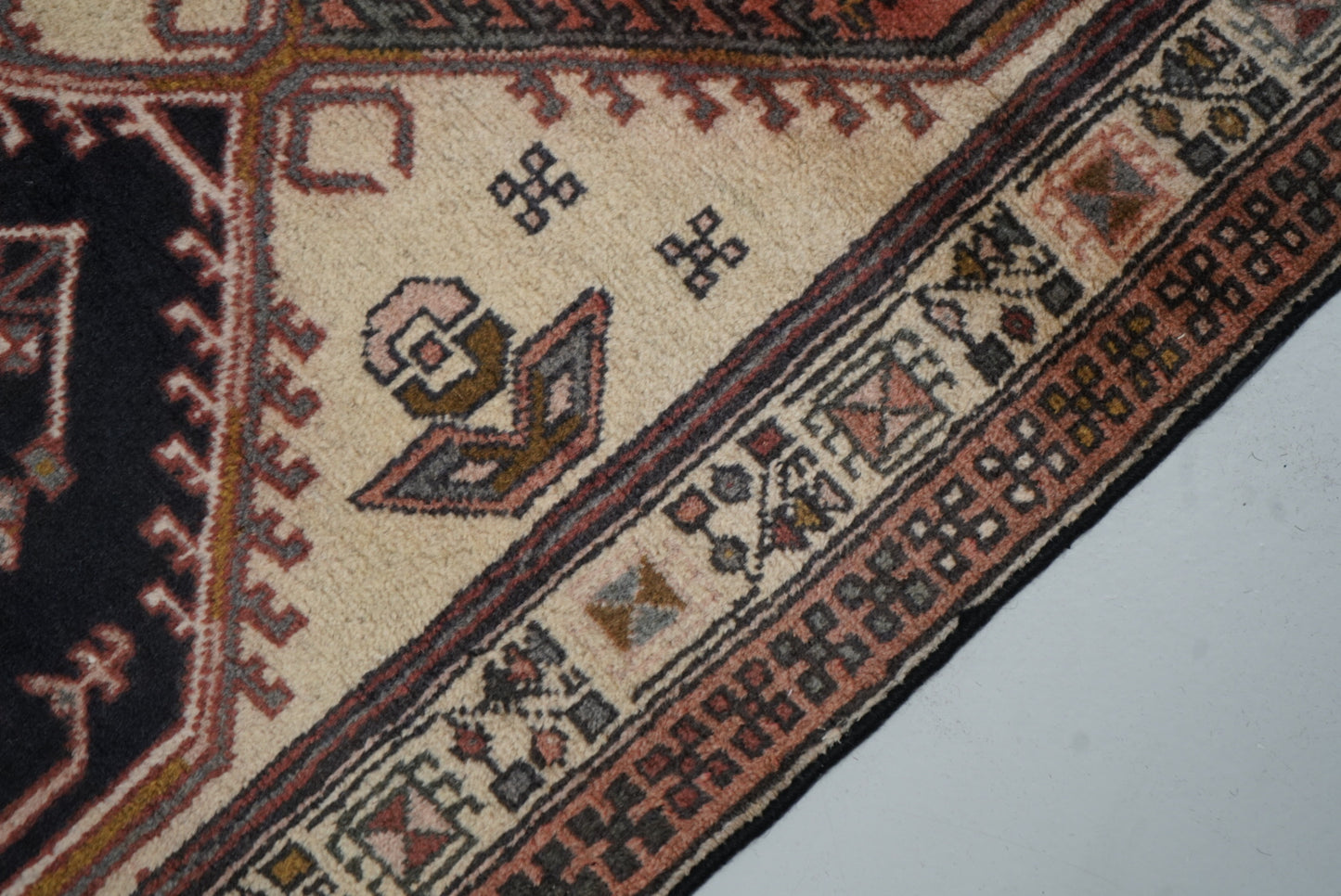 Vintage Persian Ardabil Cream & Multi Wool Geometric Runner Rug | Handmade | 296 x 71 cm
