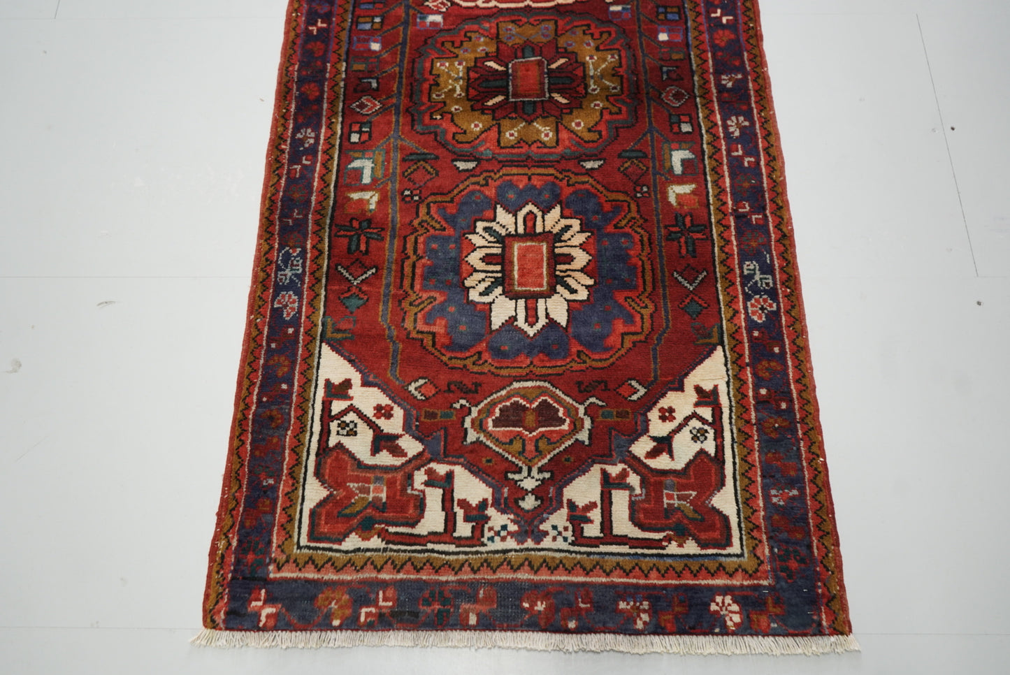 Vintage Persian Ahar Red Wool Geometric Runner Rug | Handmade | 324 x 100 cm