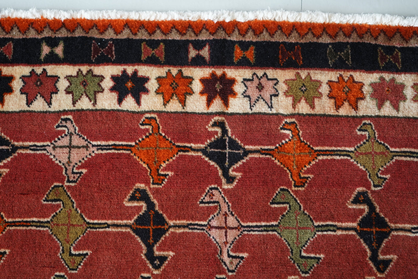 Vintage Persian Sirjan Red Wool Geometric Rug | Handmade | 222 x 140 cm