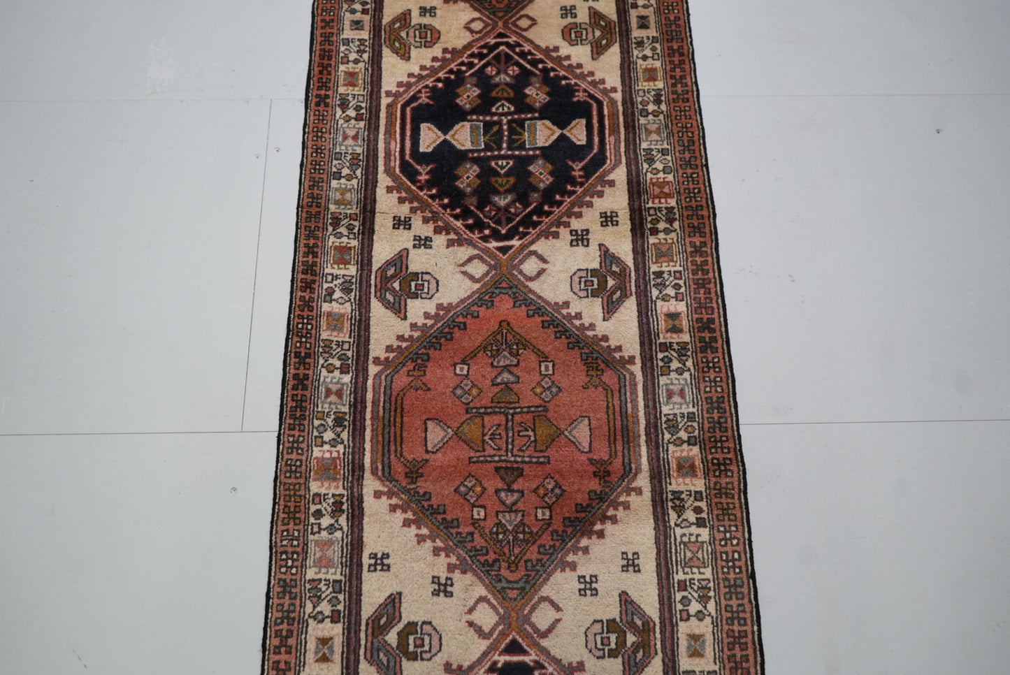 Vintage Persian Ardabil Cream & Multi Wool Geometric Runner Rug | Handmade | 296 x 71 cm