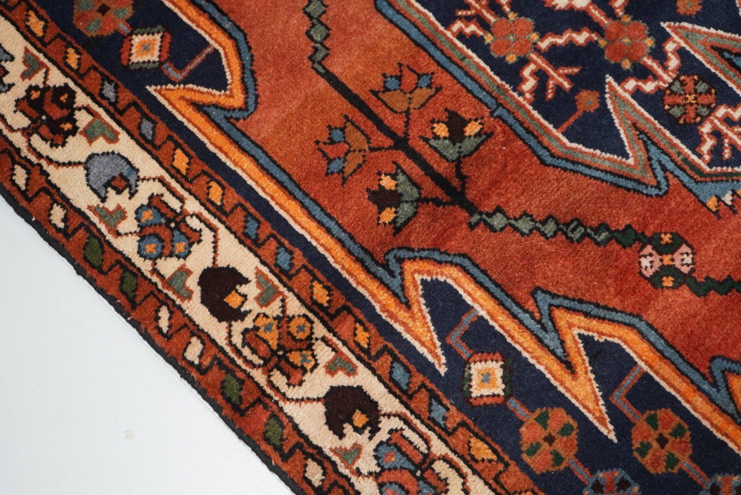 Vintage Persian Mazlagan Red & Navy Wool Geometric Rug | Handmade | 152 x 110 cm
