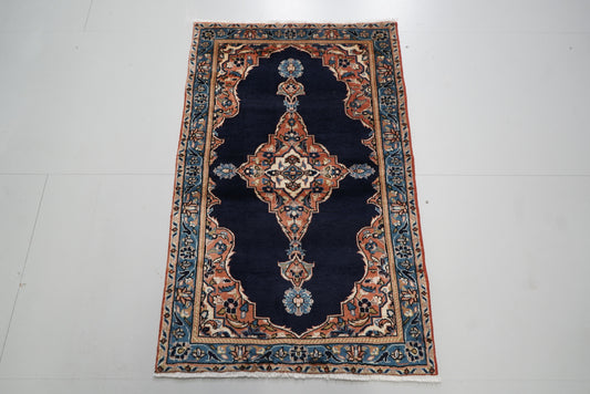 Vintage Persian Kashan Navy Wool Rug | Handmade | 123 x 74 cm