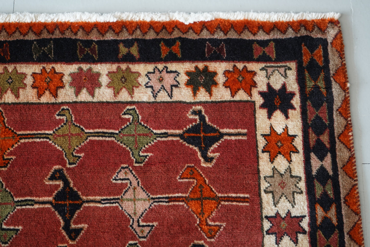 Vintage Persian Sirjan Red Wool Geometric Rug | Handmade | 222 x 140 cm