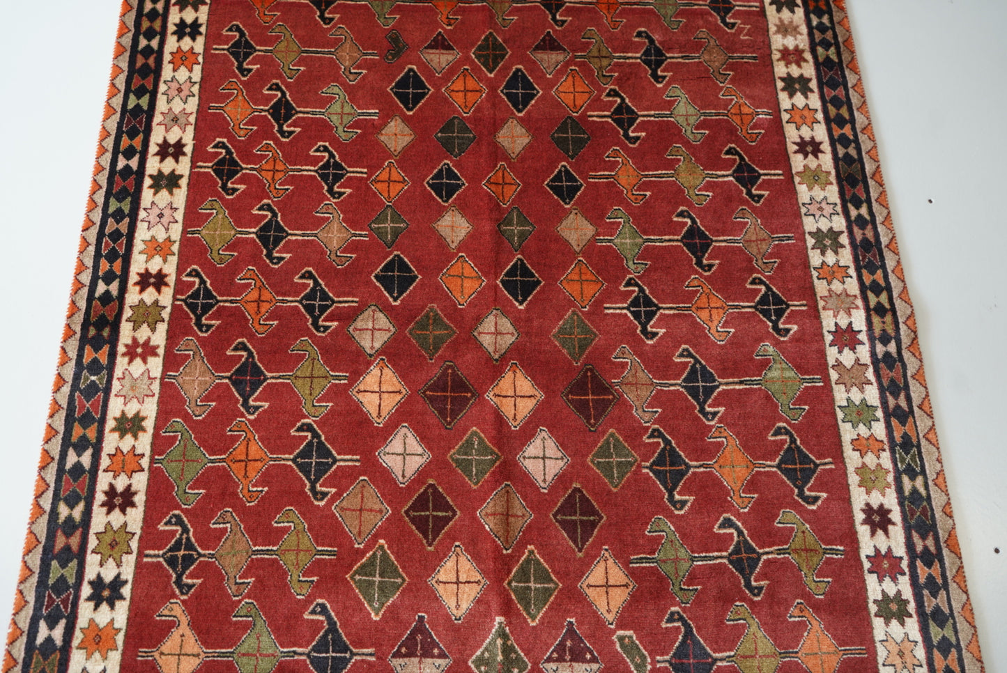 Vintage Persian Sirjan Red Wool Geometric Rug | Handmade | 222 x 140 cm