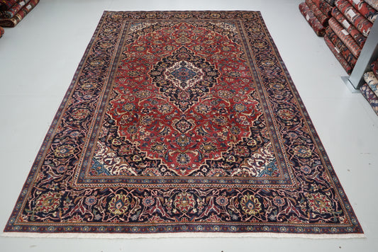 Vintage Persian Kashan Red Wool Floral Medallion Rug | Handmade | 299 x 190 cm