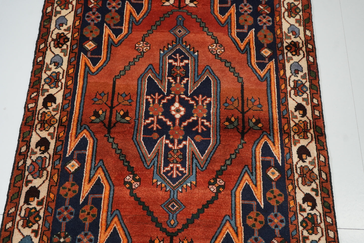 Vintage Persian Mazlagan Red & Navy Wool Geometric Rug | Handmade | 152 x 110 cm