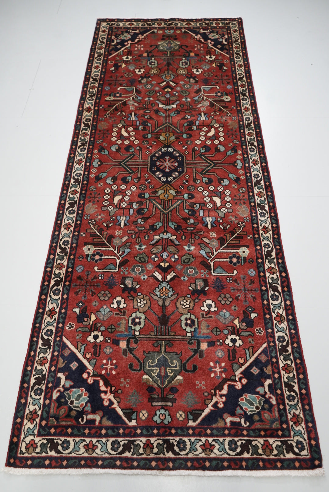 Handmade Persian Hamadan Floral Wool Runner | 290 x 107 cm | Red | Vintage