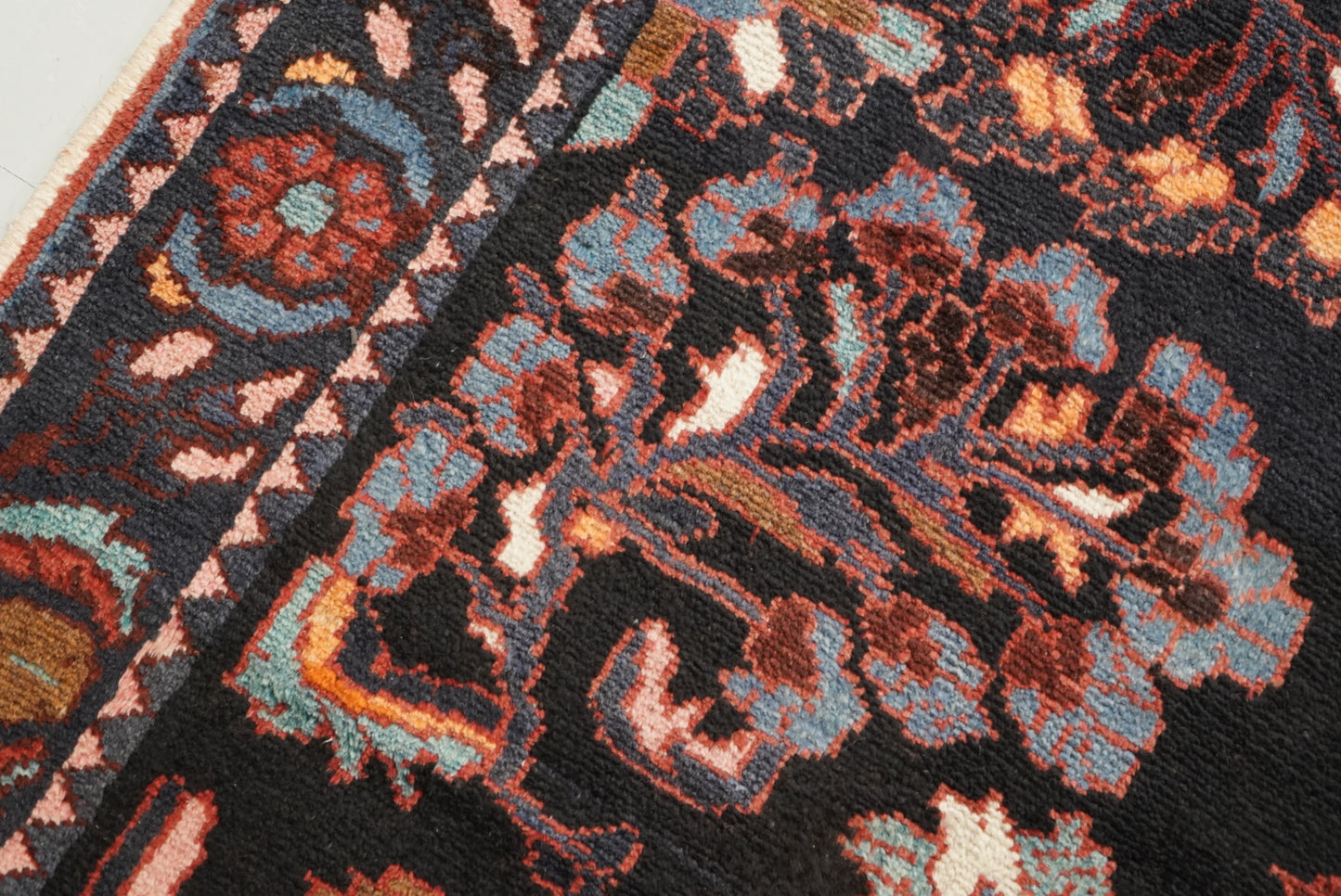 Handmade Persian Hamadan Floral Wool Runner | 304 x 116 cm | Dark Navy & Rust | Vintage
