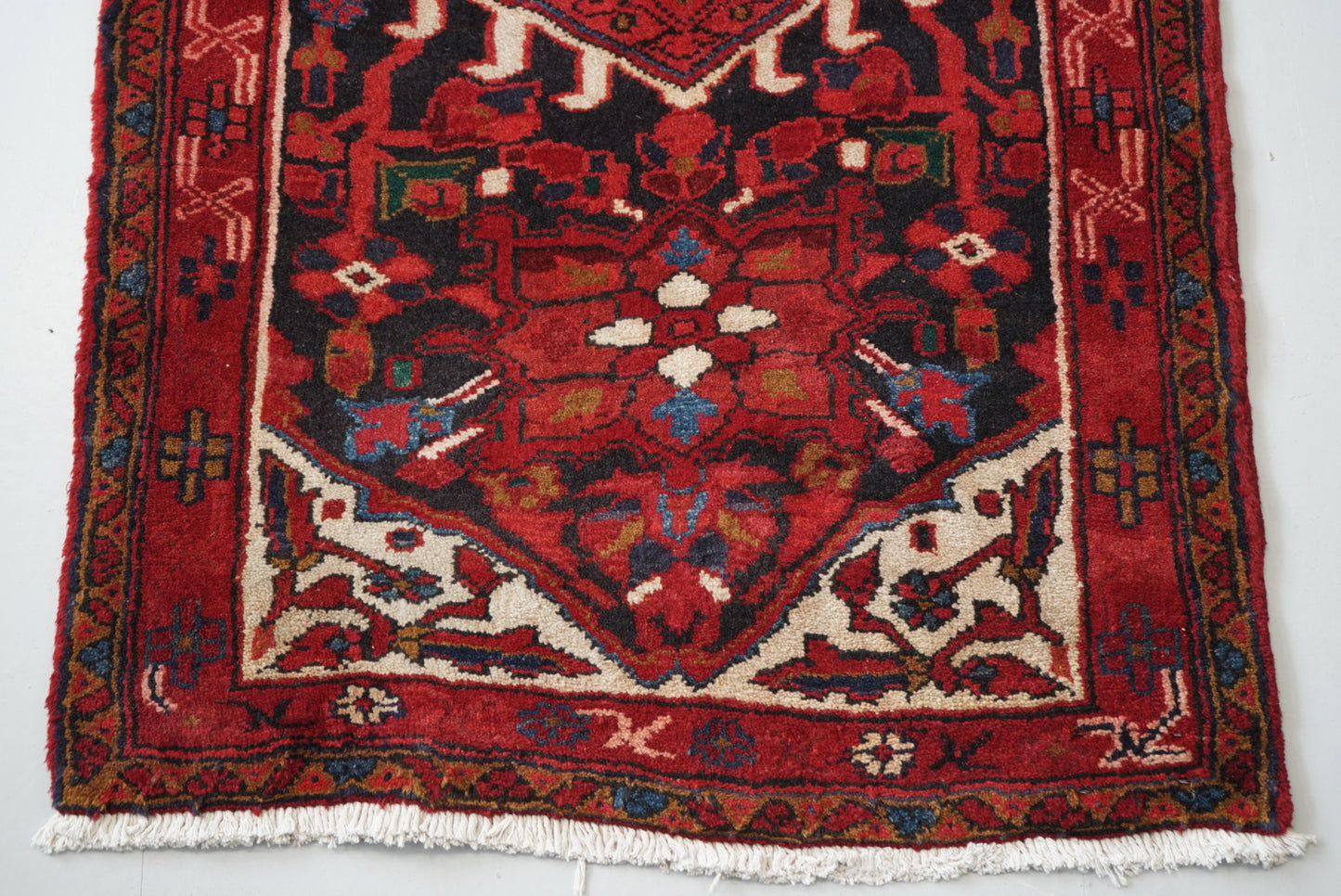 Vintage Persian Karaja Navy & Red Wool Geometric Runner Rug | Handmade | 218 x 80 cm