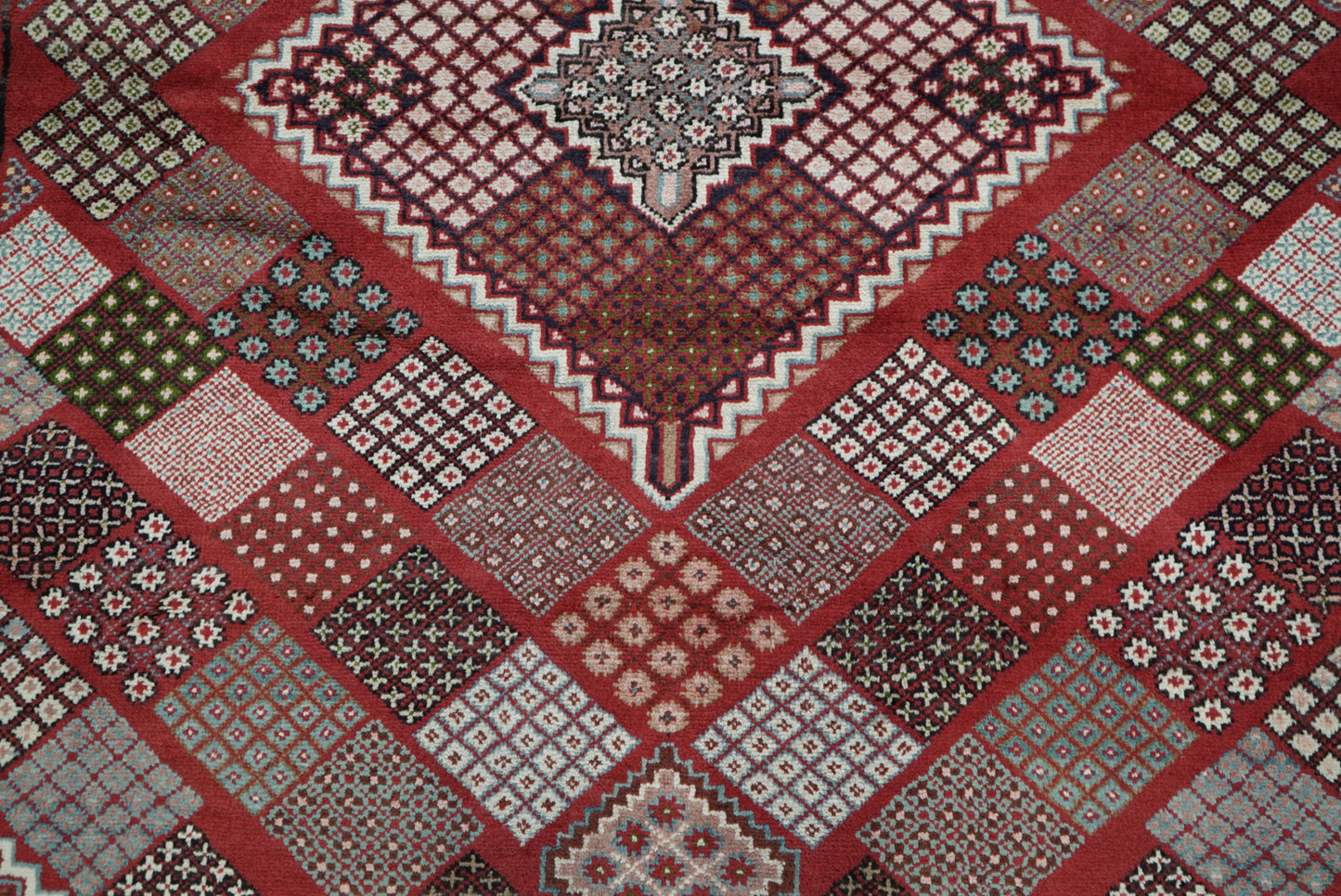 Handmade Persian Mahabad Geometric Wool Rug | 291 x 202 cm | Red & Multi | Vintage
