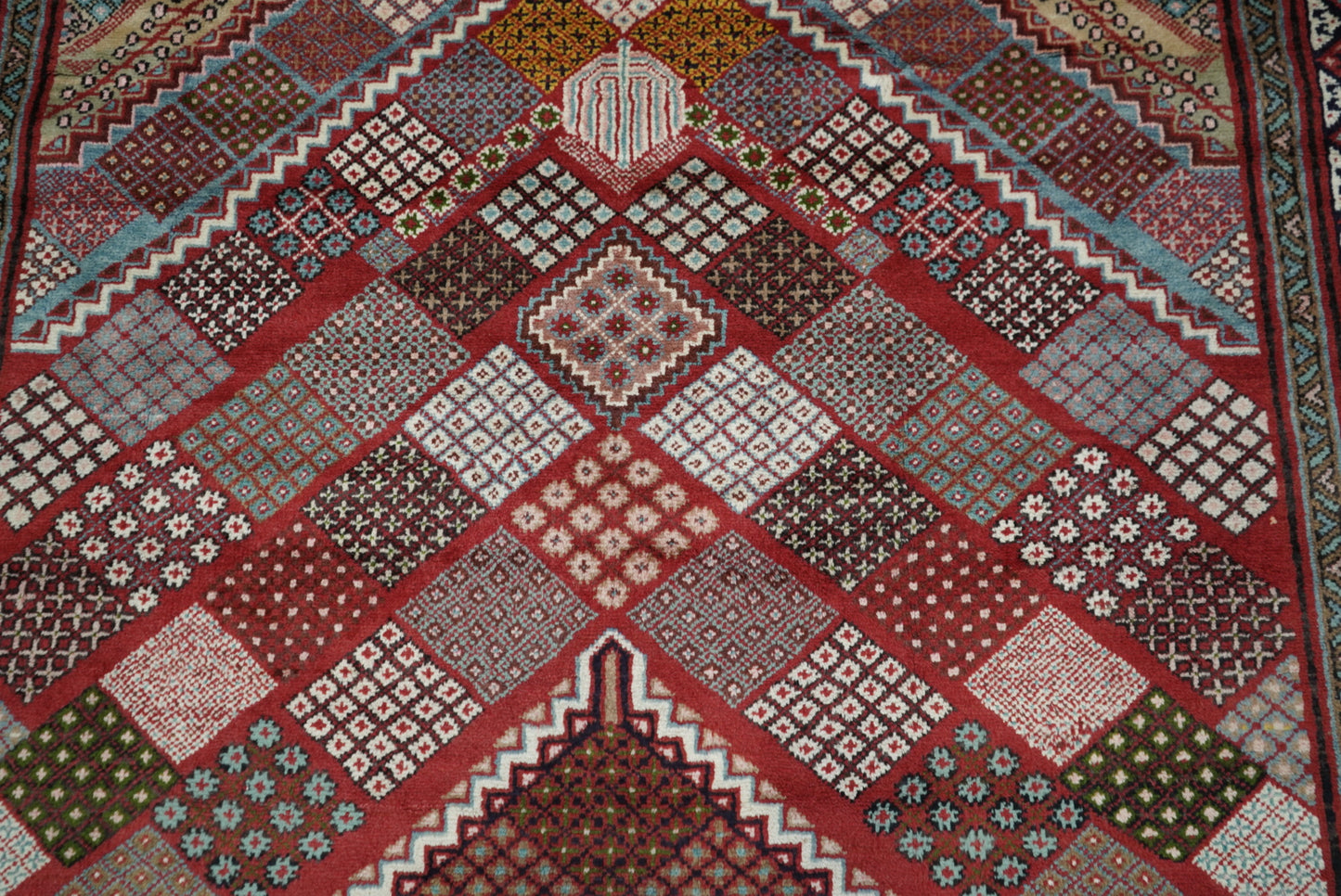 Handmade Persian Mahabad Geometric Wool Rug | 291 x 202 cm | Red & Multi | Vintage