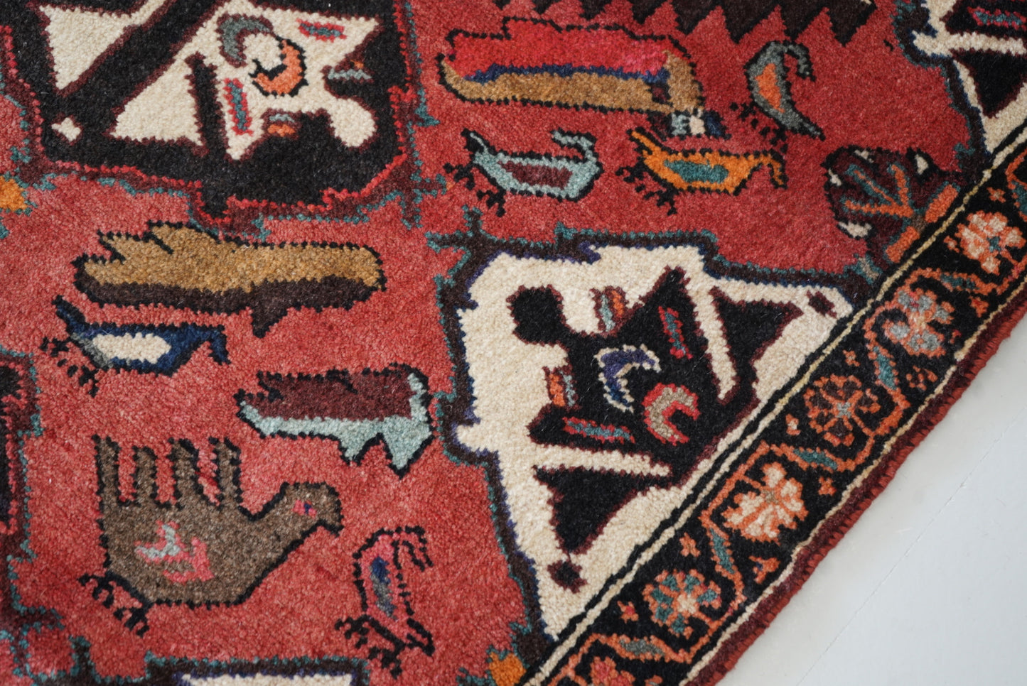 Vintage Persian Bakhtiari Red Wool Geometric Runner Rug | Handmade | 298 x 111 cm