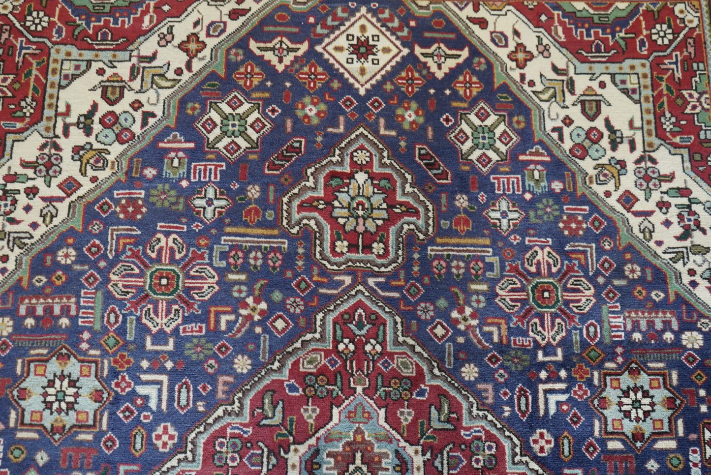 Vintage Persian Tabriz Navy Wool Floral Medallion Rug | Handmade | 296 x 209 cm