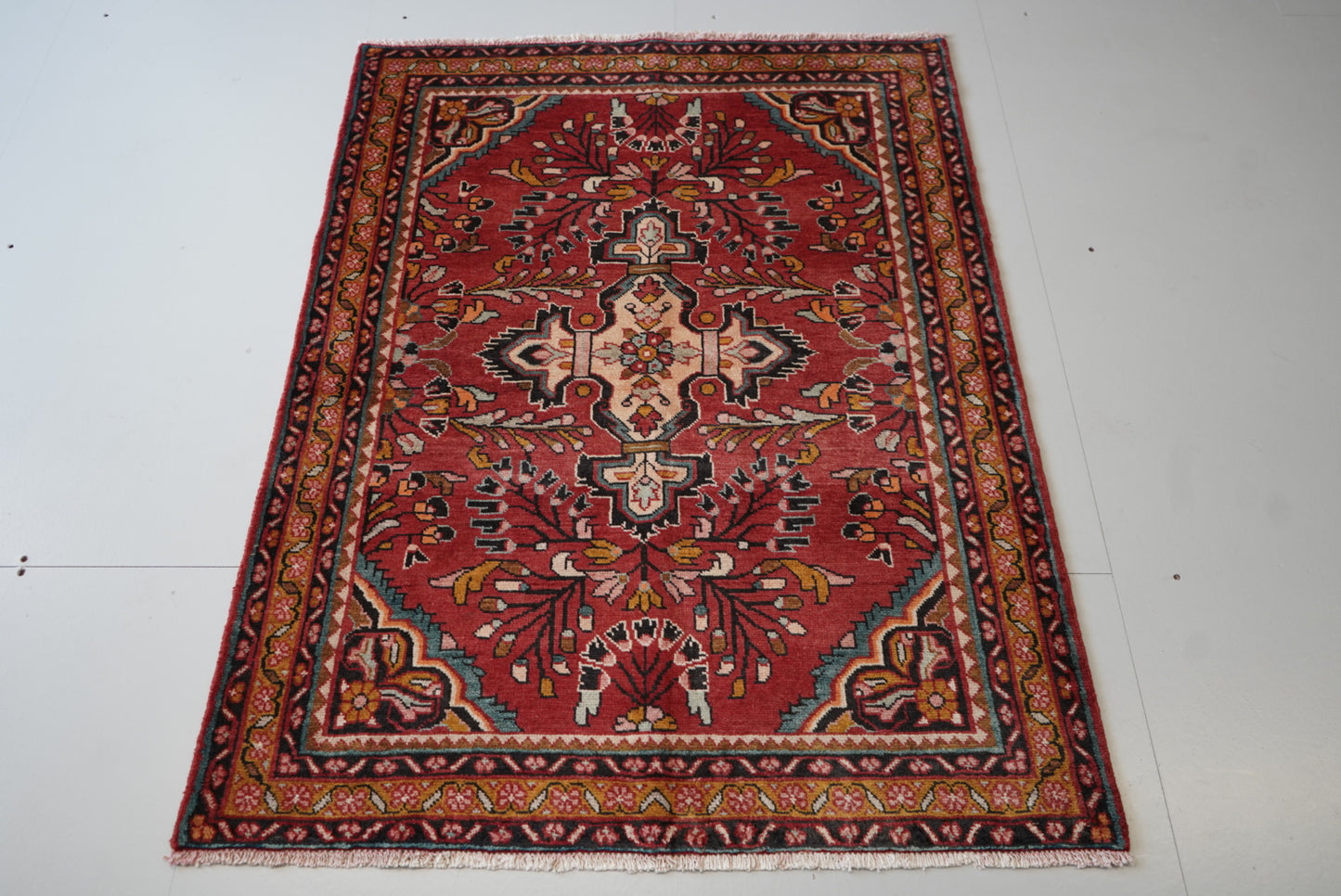 Vintage Persian Lilian Red Wool Geometric Rug | Handmade | 148 x 116 cm