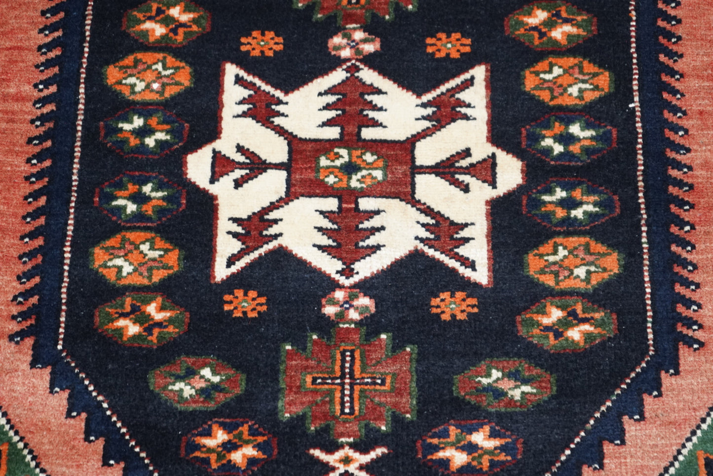 Persian Mazlagan Red & Navy Wool Geometric Rug | Handmade | 154 x 108 cm