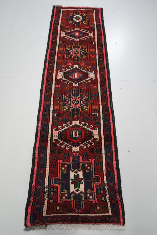 Vintage Persian Karaja Red Wool Runner Rug | Handmade | 240 x 62 cm