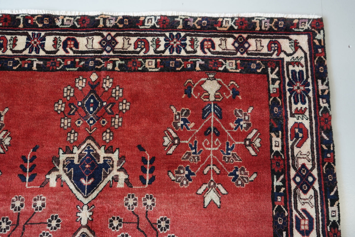 Vintage Persian Sirjan Red Wool Geometric Rug | Handmade | 222 x 162 cm